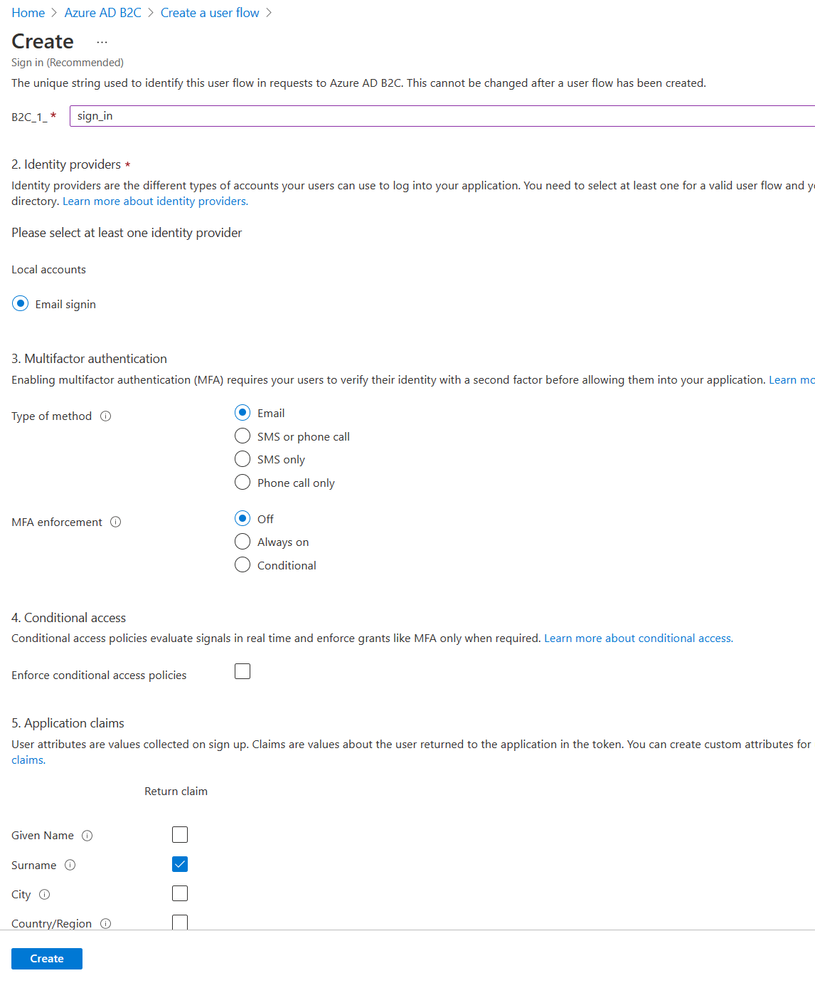 Create user policy in Azure Portal