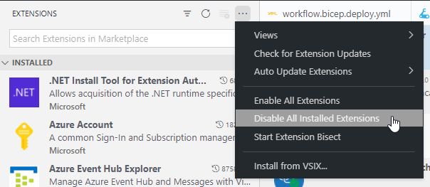 Disable all installed extensions menu option