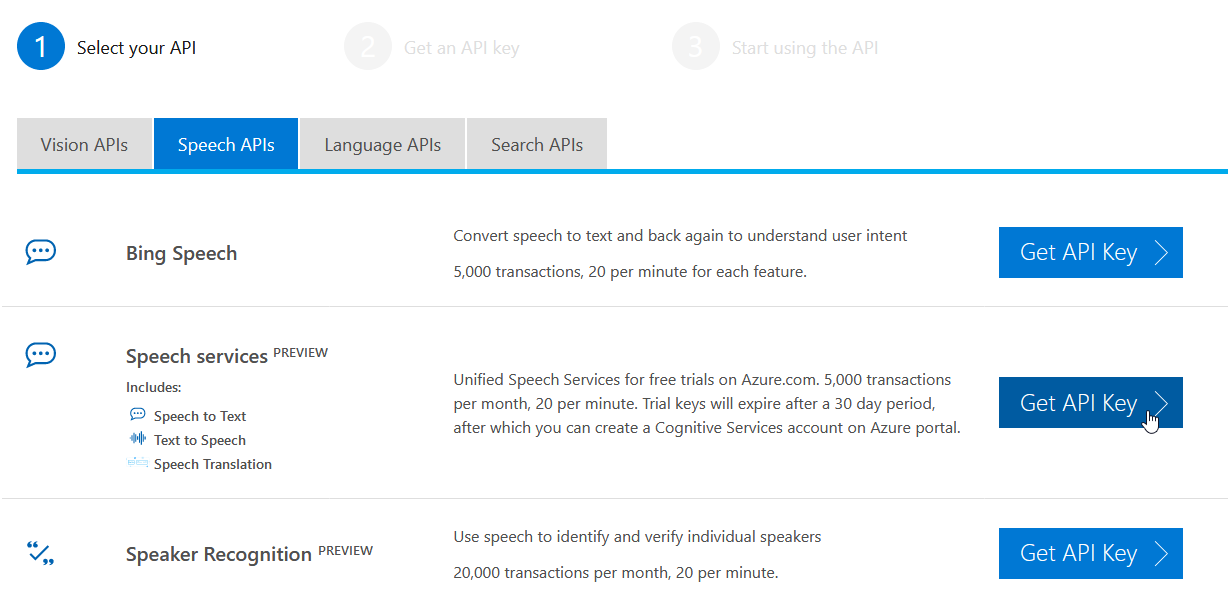 Get API Key for Speech services